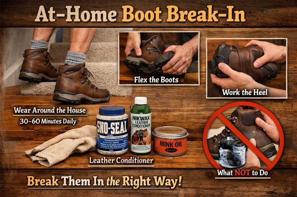 At-home boot break-in guide showing leather hiking boots, flexing hands, conditioner tins, and warning icons for water and heat.