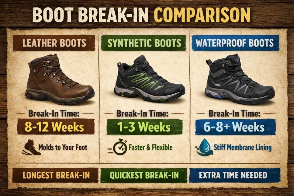 Boot break‑in comparison: leather 8–12 weeks, synthetic 1–3 weeks, waterproof 6–8+ weeks.