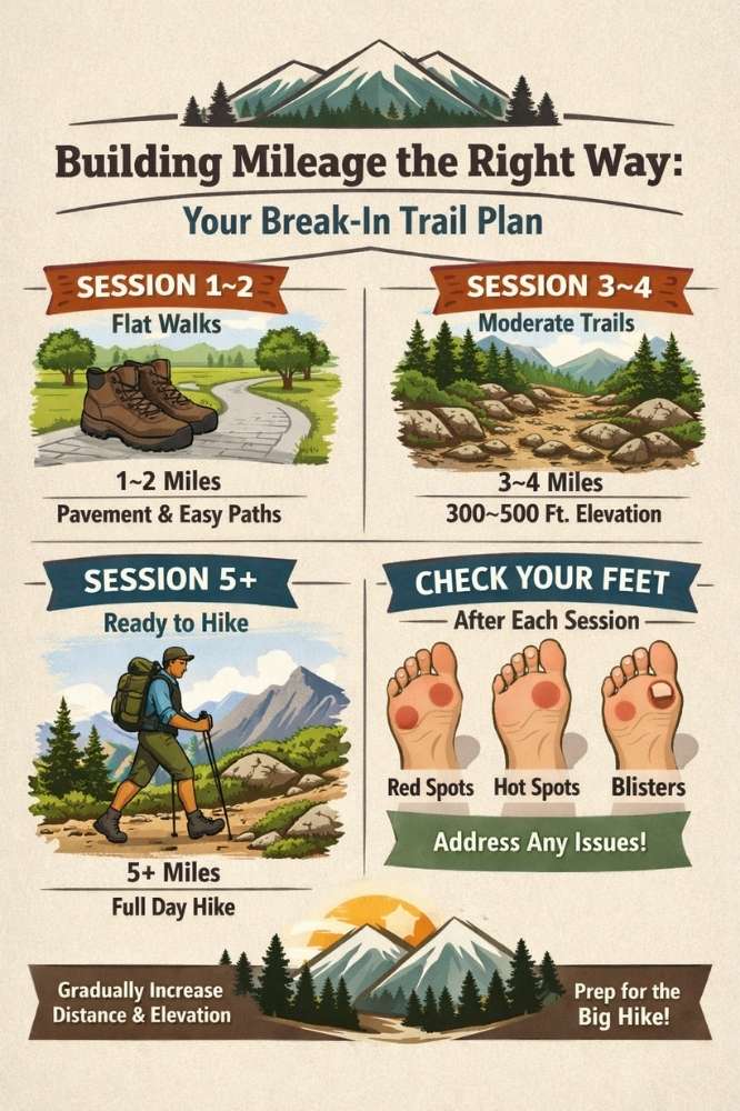 Hiking boot break‑in plan infographic showing mileage progression and foot check tips.
