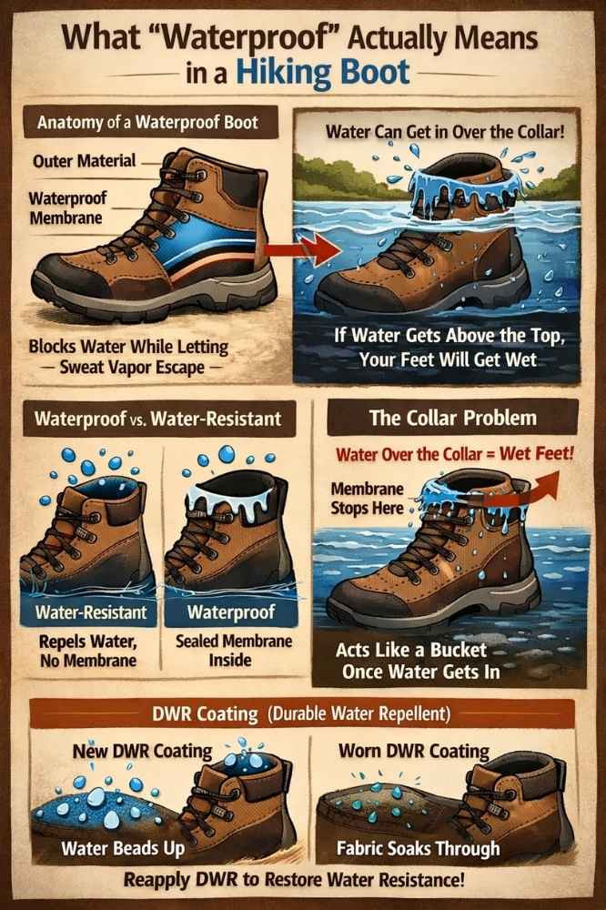 Infographic explaining how waterproof hiking boots work, showing boot layers, collar overflow, waterproof vs water-resistant comparison, and DWR coating effects.