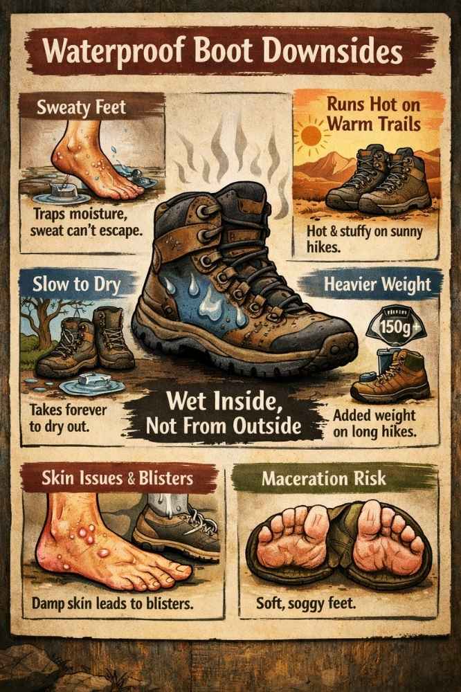Infographic showing downsides of waterproof hiking boots — sweat buildup, heat, slow drying, extra weight, and skin irritation.