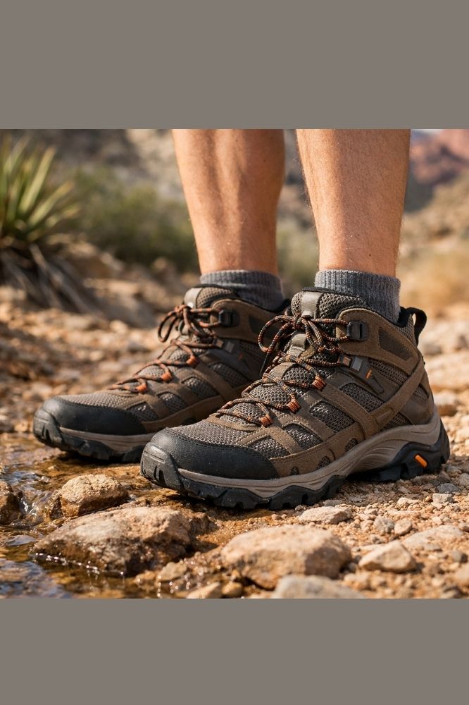 Non‑waterproof hiking boots on rocky desert trail, showing breathable mesh and rugged soles.