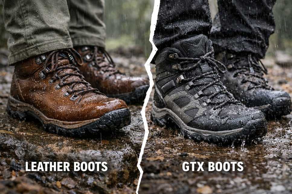 Side‑by‑side comparison of leather and GTX hiking boots in rain showing water beading on leather and soaking into synthetic fabric.