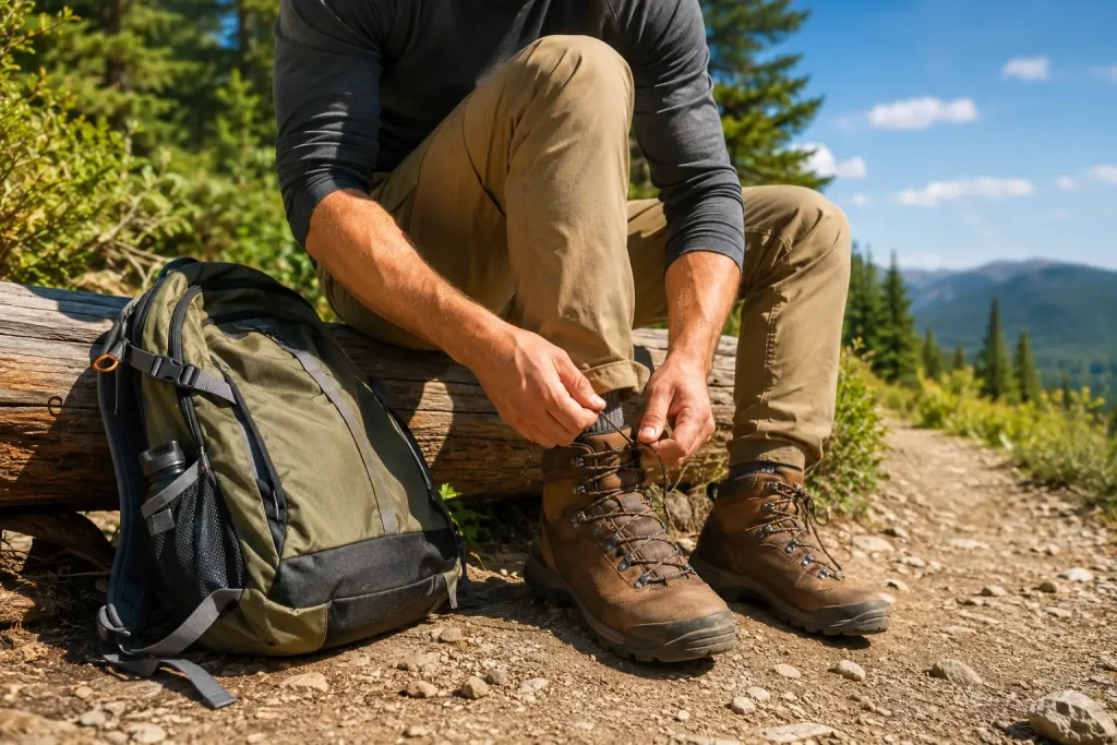 A hiker tightening the laces of their brown hiking boots