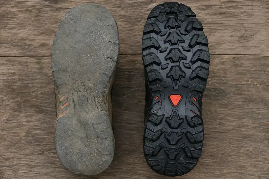 one is a heavily worn hiking shoe