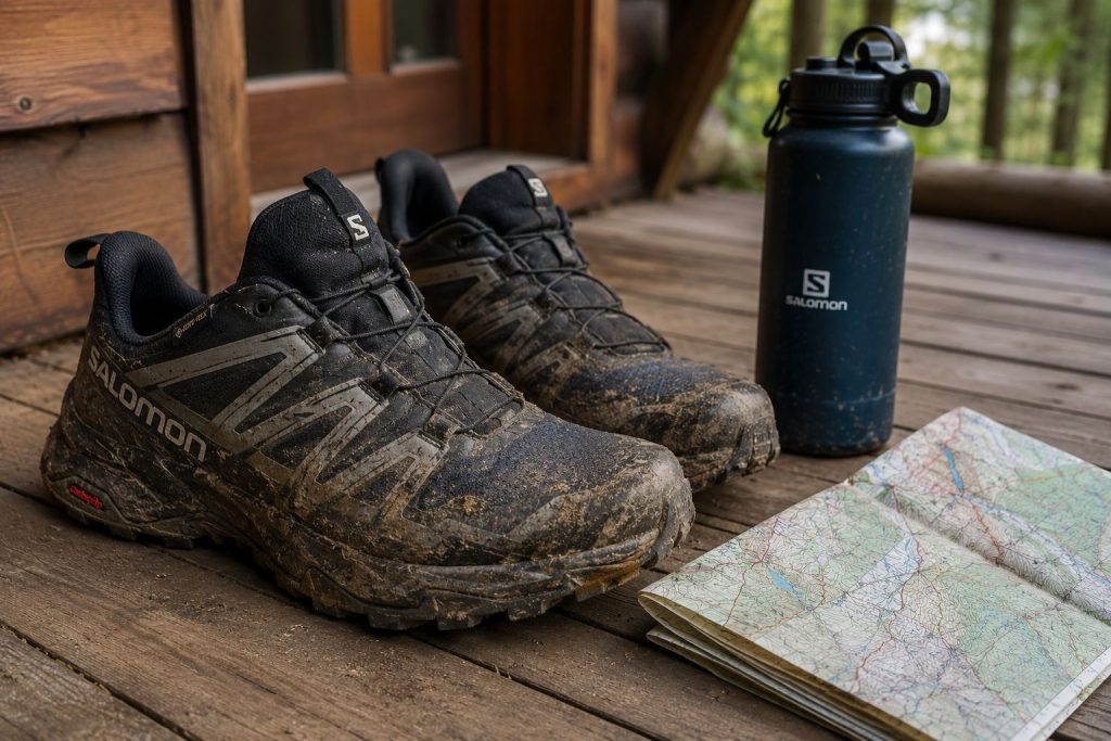 Salomon hiking shoes resting on a wooden porch after a hike.
