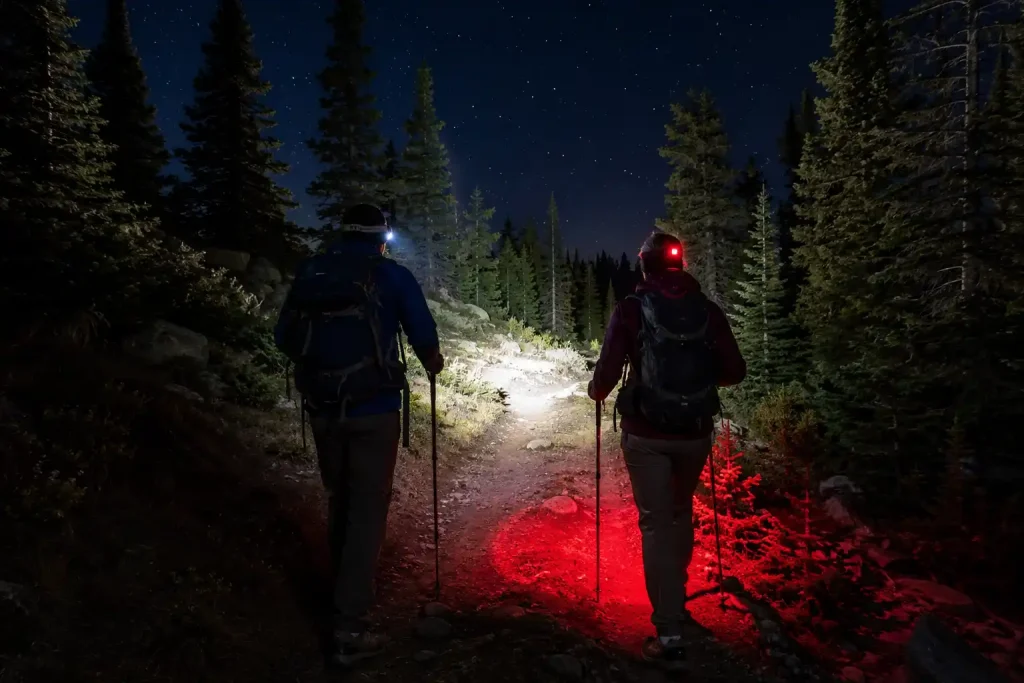 Two hikers walking on a trail at night, viewed from behind.
