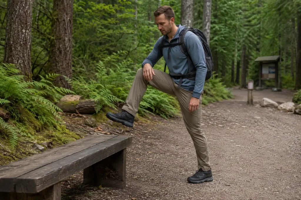 a high step onto a low wooden bench, wearing flexible outdoor pants