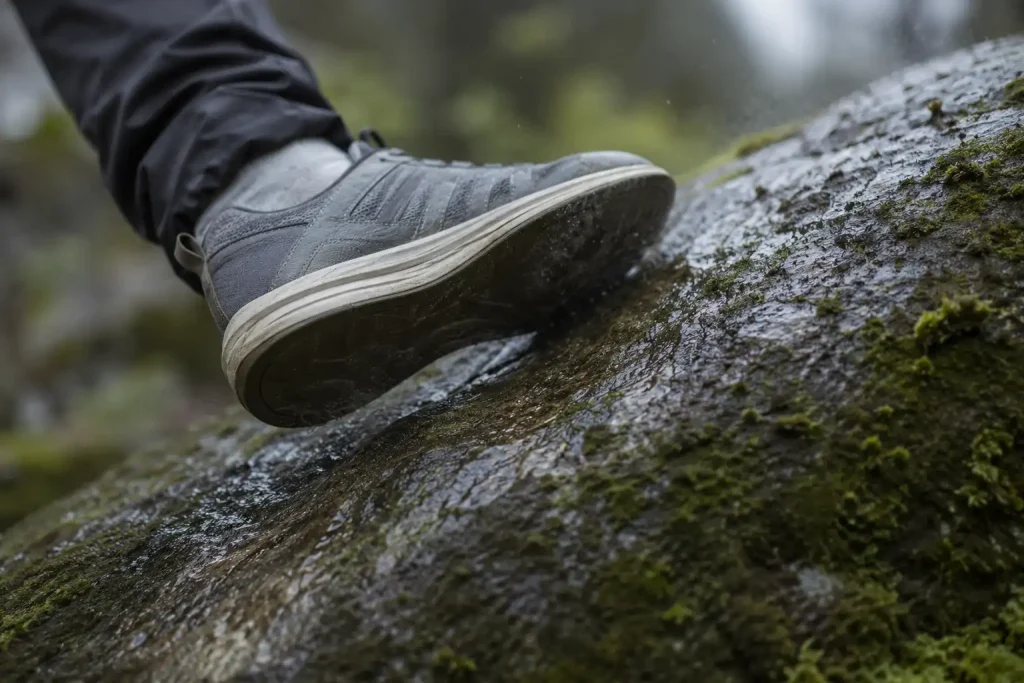 a hiker's foot slipping slightly on a wet, mossy rock