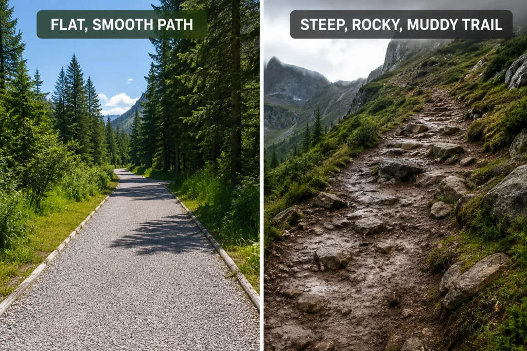 a smooth flat gravel path on the left