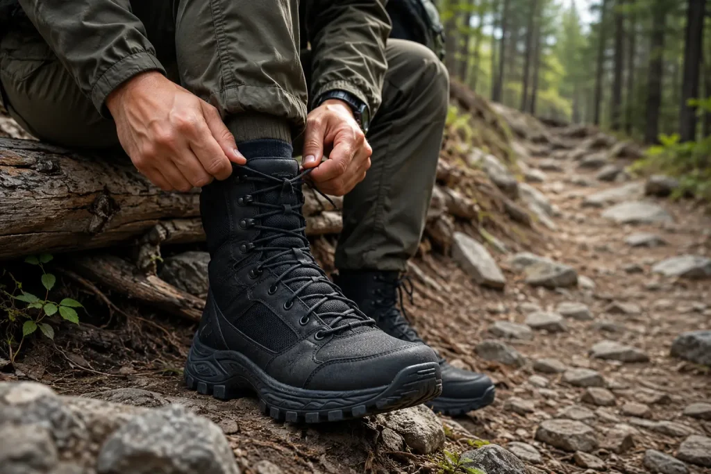 adjusting the laces of a tall