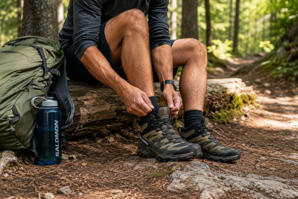 adjusting the laces of their Salomon hiking boot