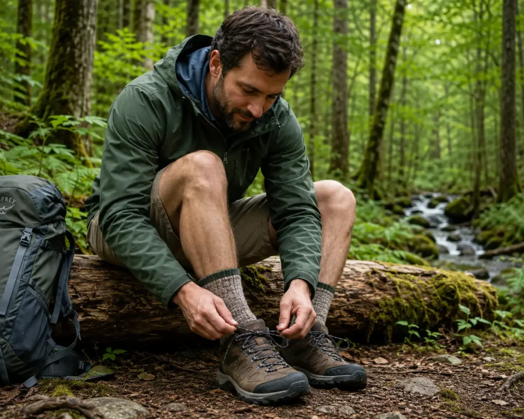adjusting the laces on a pair of sturdy hiking shoes