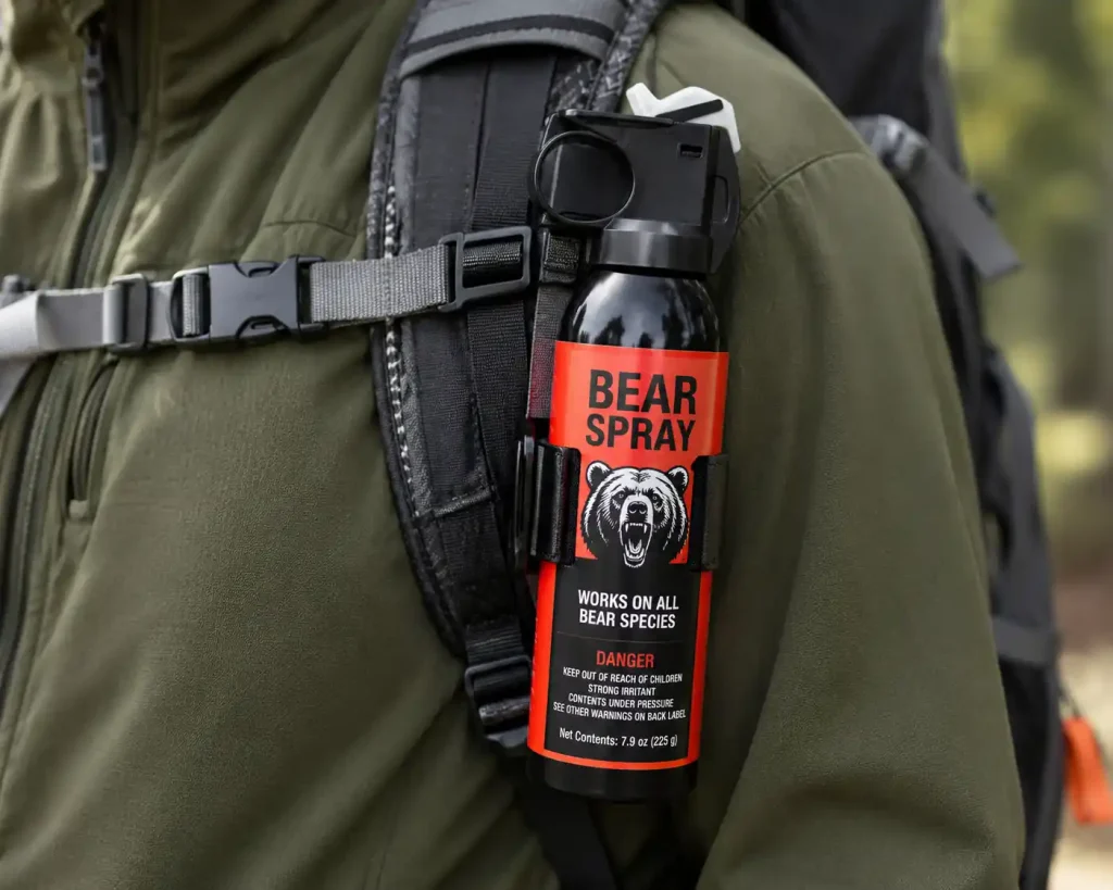 bear spray clipped to the front strap of a hiking backpack