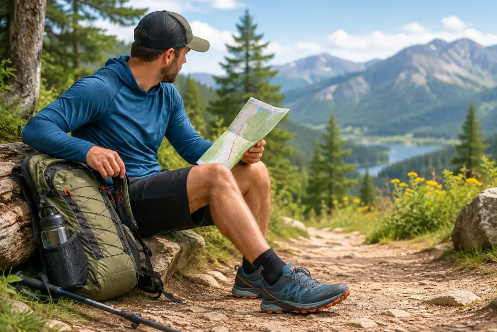 checking a hiking map and adjusting backpack straps during a peaceful outdoor break