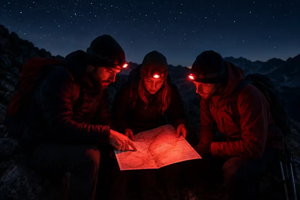 group of three hikers taking a break on a mountain trail at night