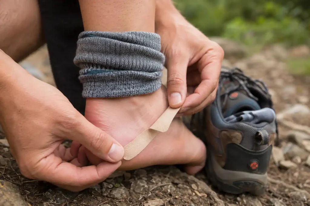 hiker applying a piece of protective moleskin or blister tape to their heel on a hiking trail