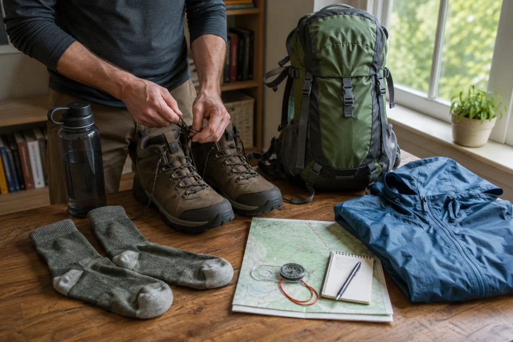 hiker at home preparing footwear for the next day