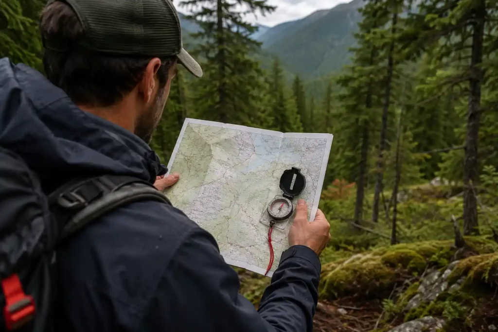 hiker looking at a paper topographic map and a compass in his hands
