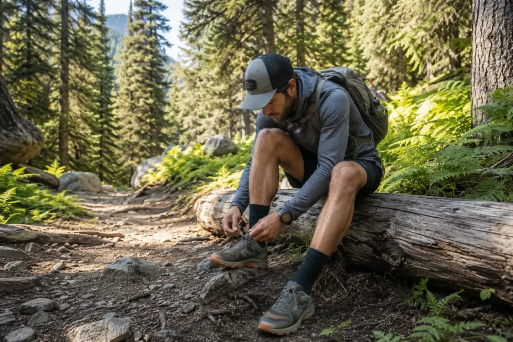 A hiker sitting on a fallen log tying the laces of a dusty trail running shoe