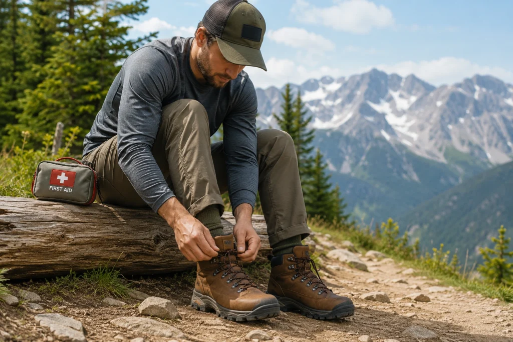 hiker sitting on a log beside a mountain trail, adjusting the laces of their brown hiking boots