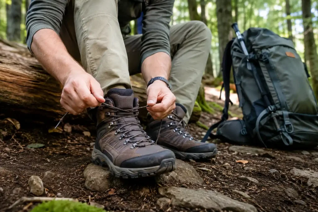 hiker sitting on a log in a forest, tying the laces of their hiking shoes
