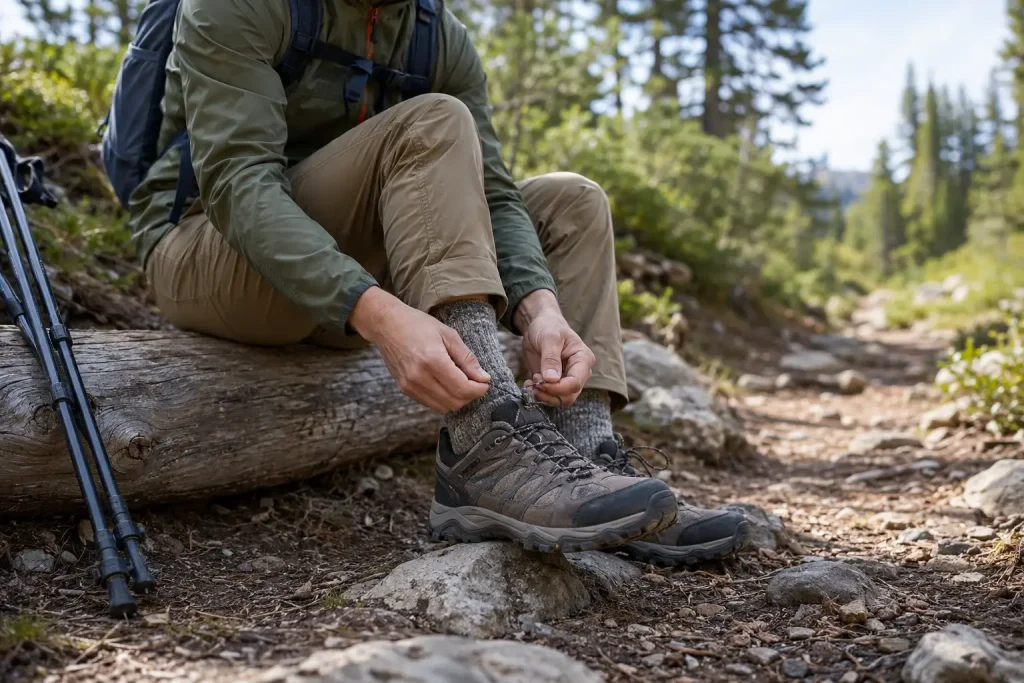 hiker sitting on a wooden log beside a trail