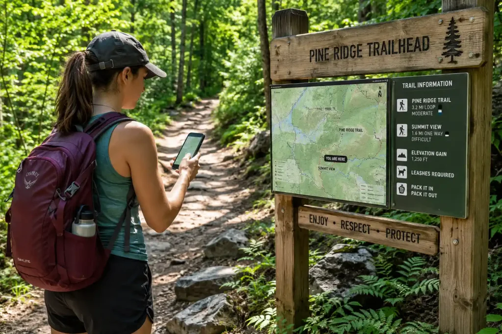 hiker standing at a wooden trailhead signpost in a lush green forest,
