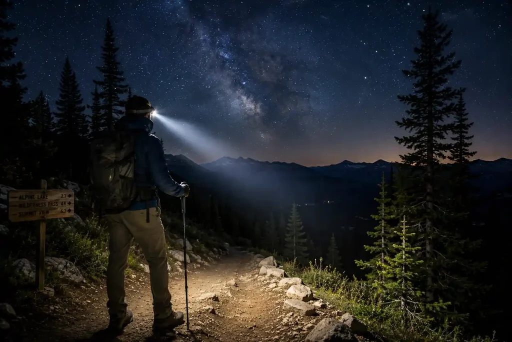 hiker standing on a dirt trail at night, wearing a bright headlamp illuminating the path ahead