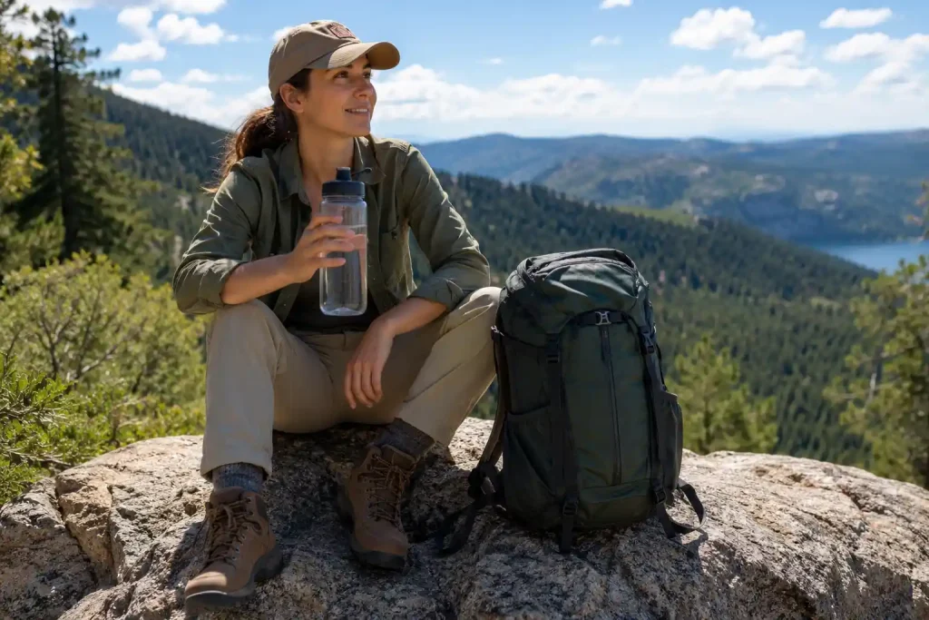 hiker taking a break on a large rock, holding a clear water bottle