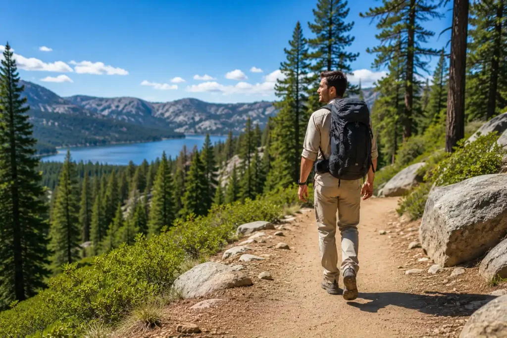 hiker walking on a sunny dirt trail in a forest