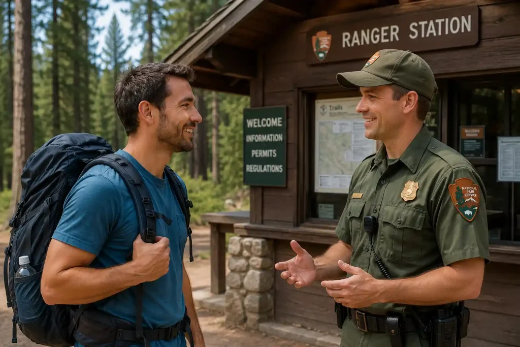 hiker wearing a backpack talking to a friendly park ranger in a green uniform