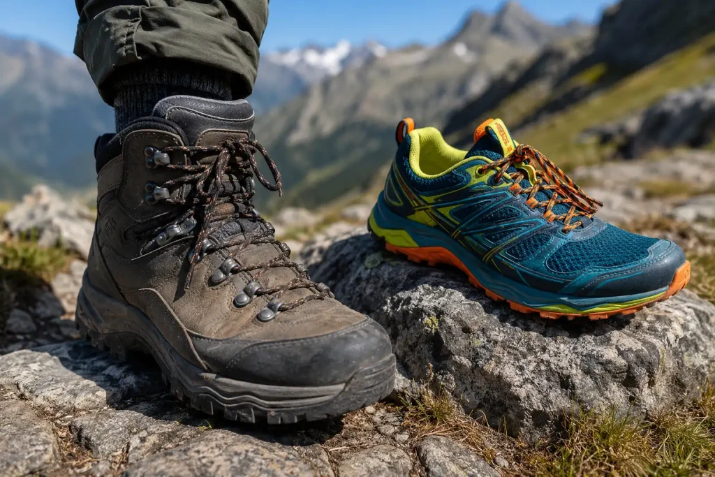 hiker's feet on a rocky mountain path