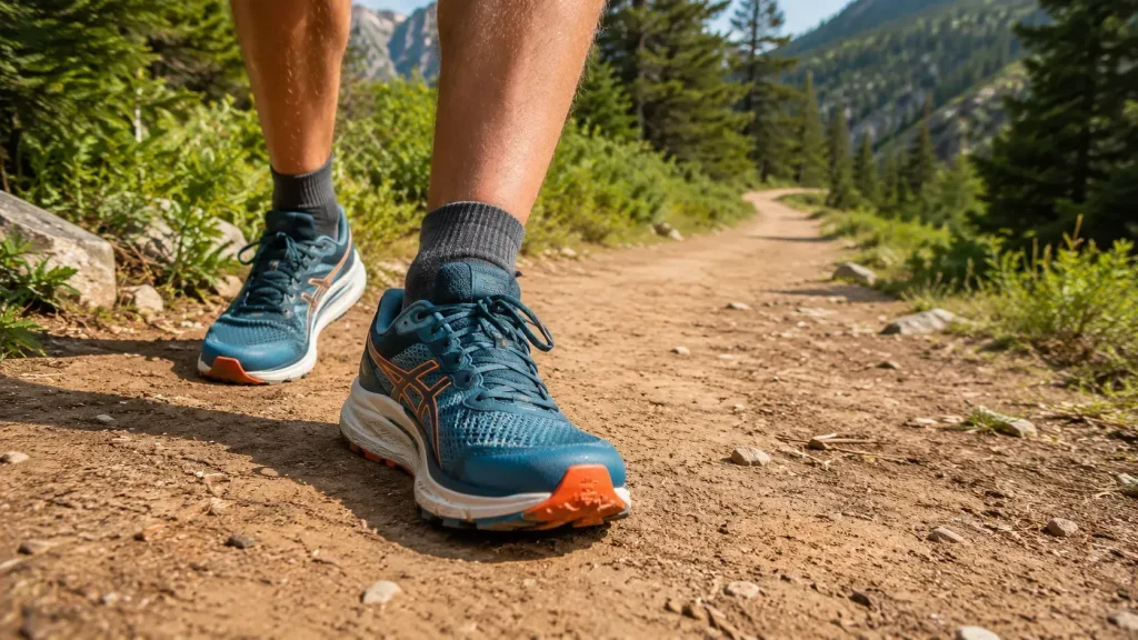 hiker's feet on a smooth dirt trail,
