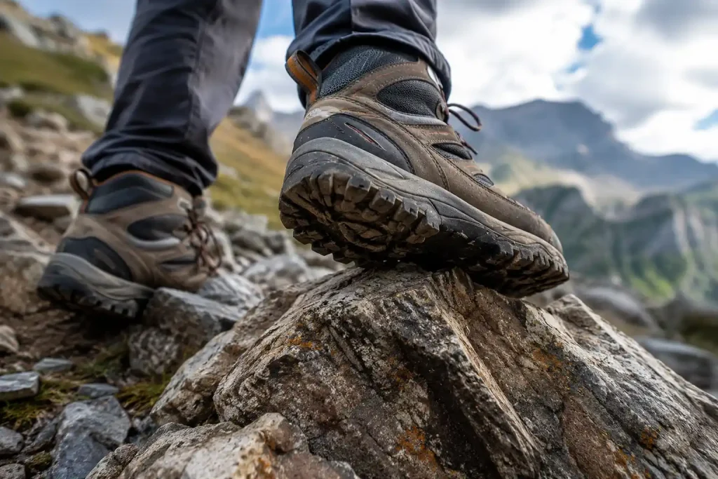 hiker's feet wearing sturdy hiking shoes