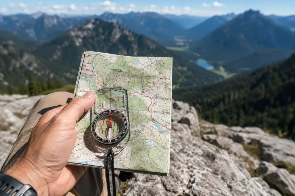 hiker's hand holding a topographic paper map and a compass