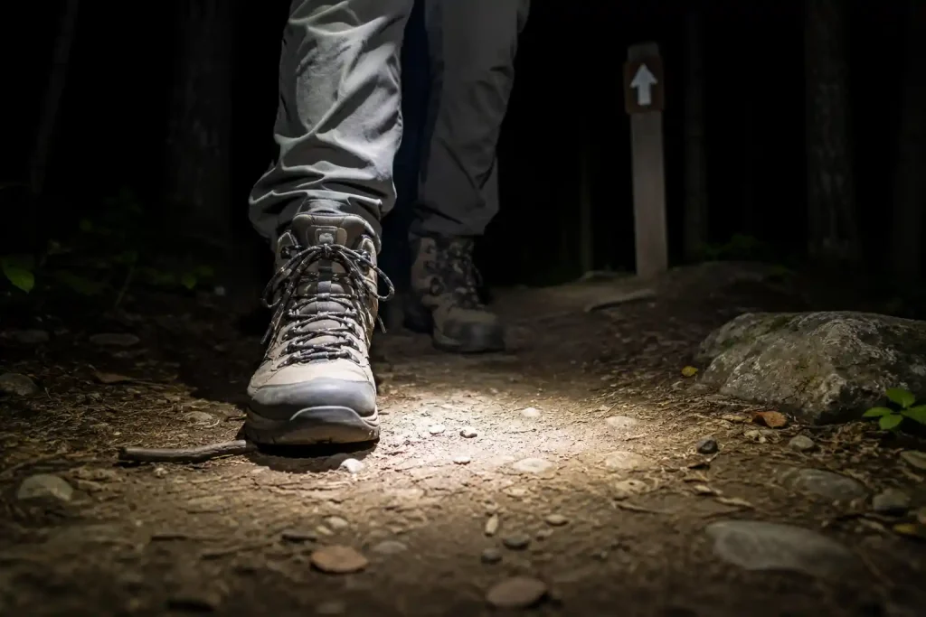 hiker's hiking boots walking on a well-marked dirt trail at night