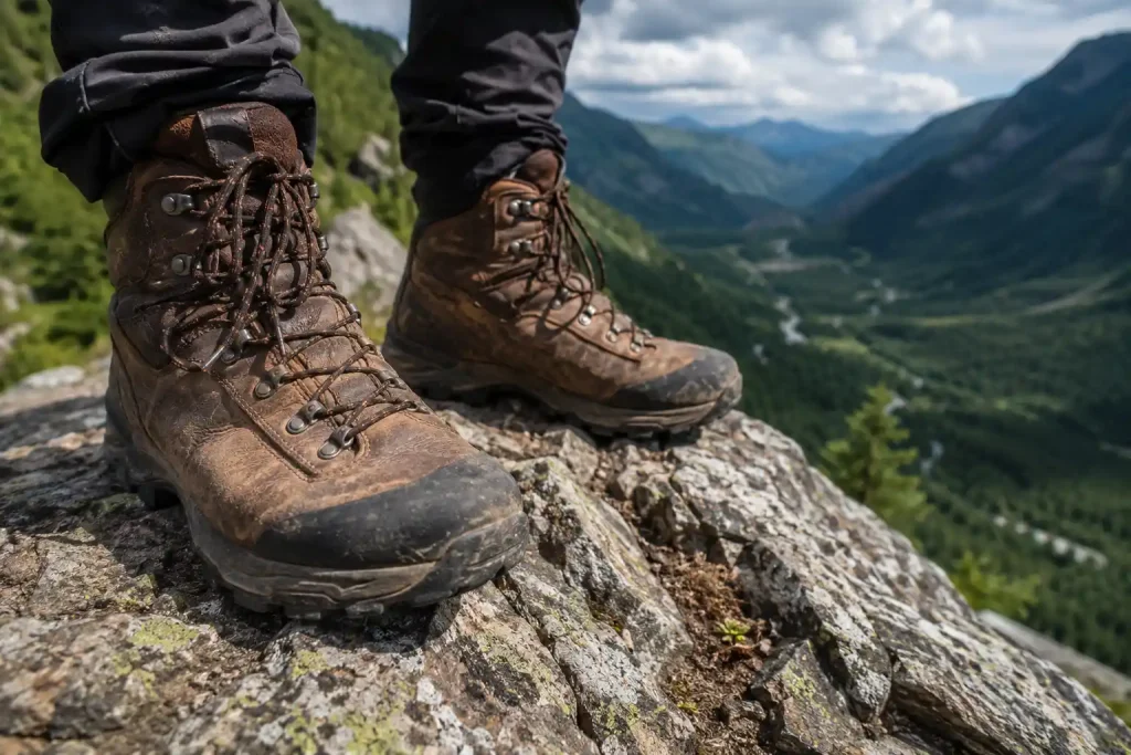 hiker's rugged leather hiking boots standing on a rocky mountain
