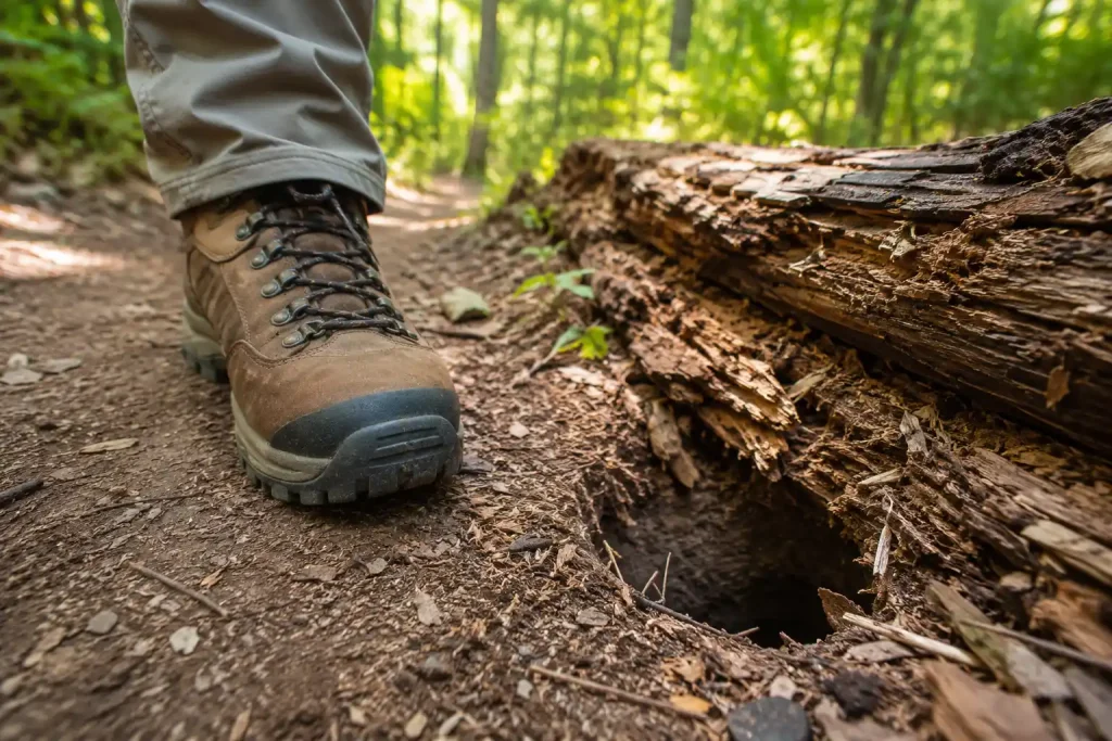 hiking boot on a dirt trail, stepping safely away from an old rotten log where a small hole in the ground is visible