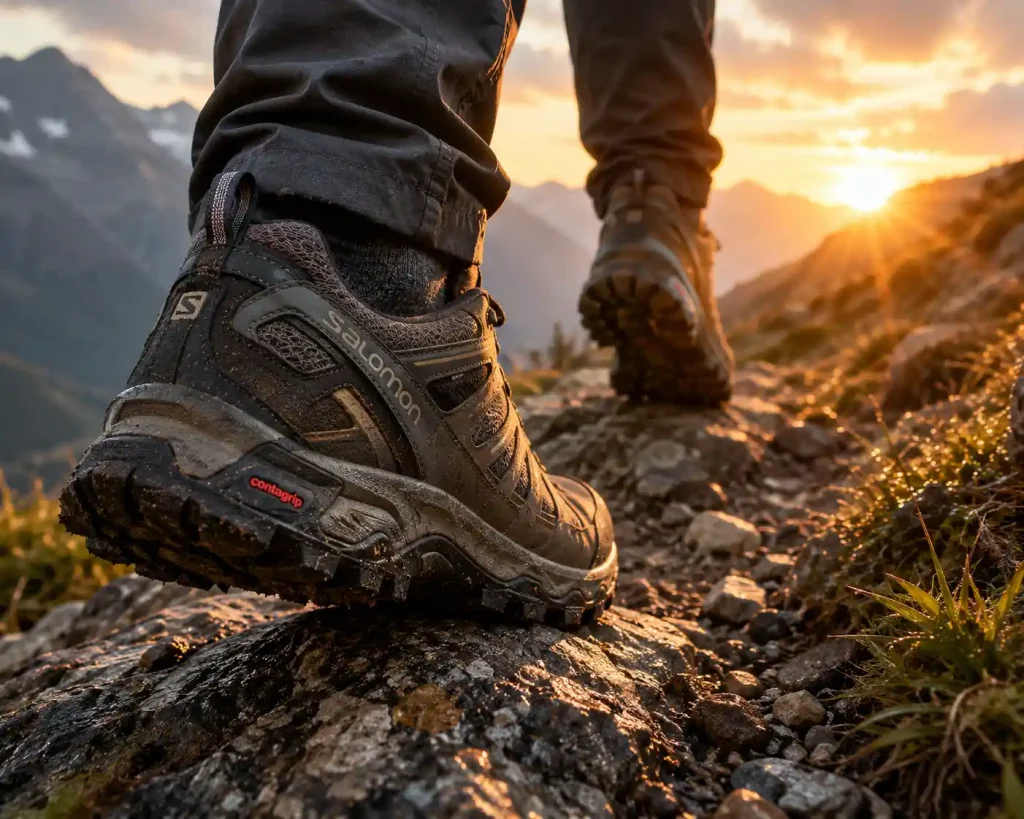 hiking shoes in action on a rocky mountain trail