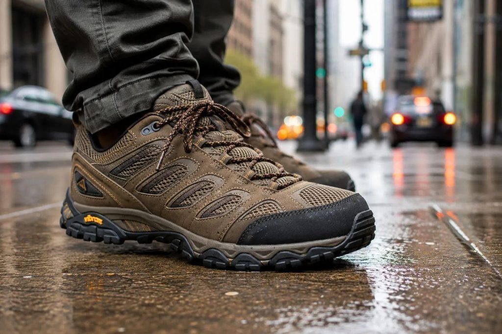 person's feet wearing rugged,