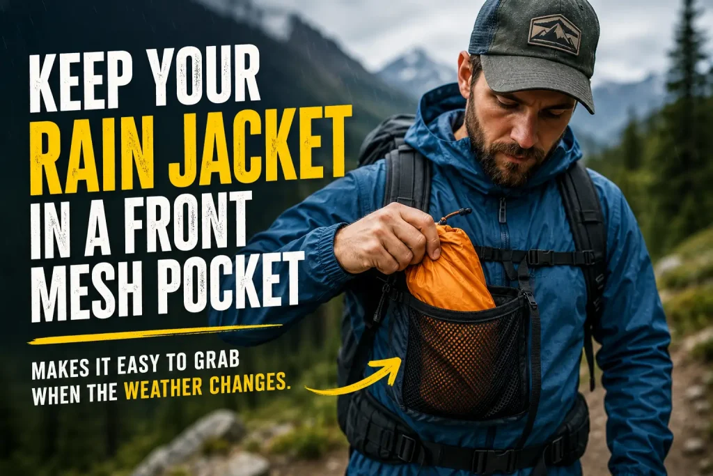 rain jacket in a front mesh pocket makes it easy to grab when the weather changes