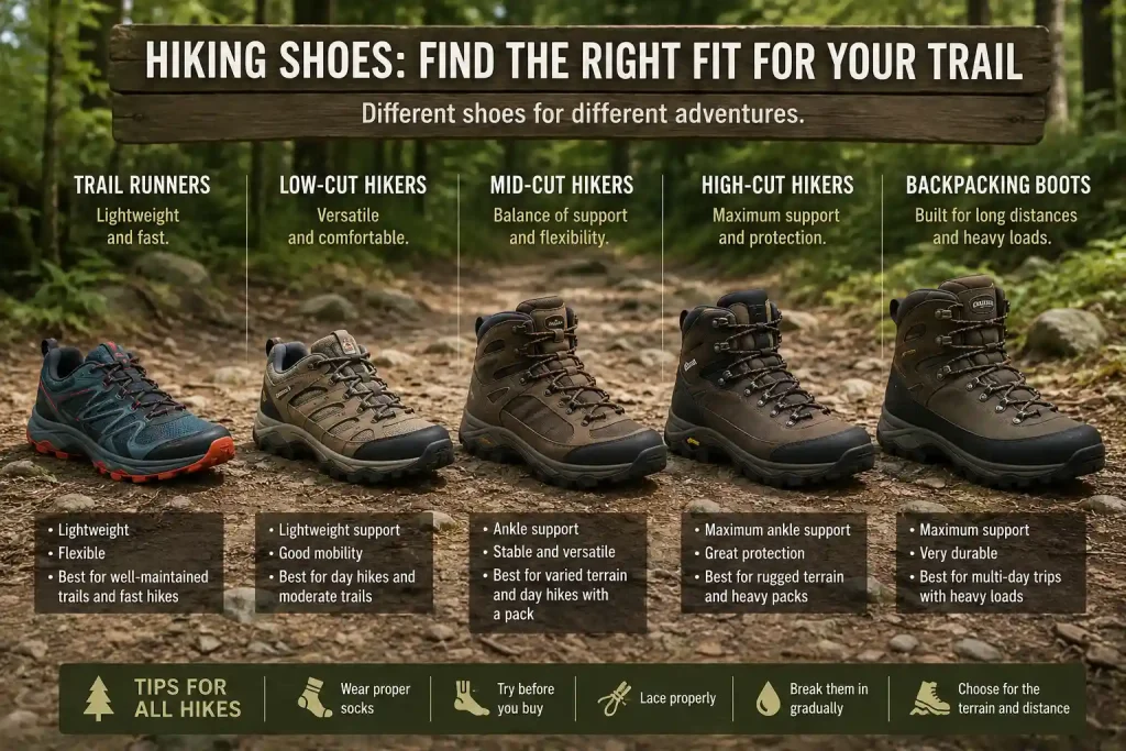 several types of hiking shoes