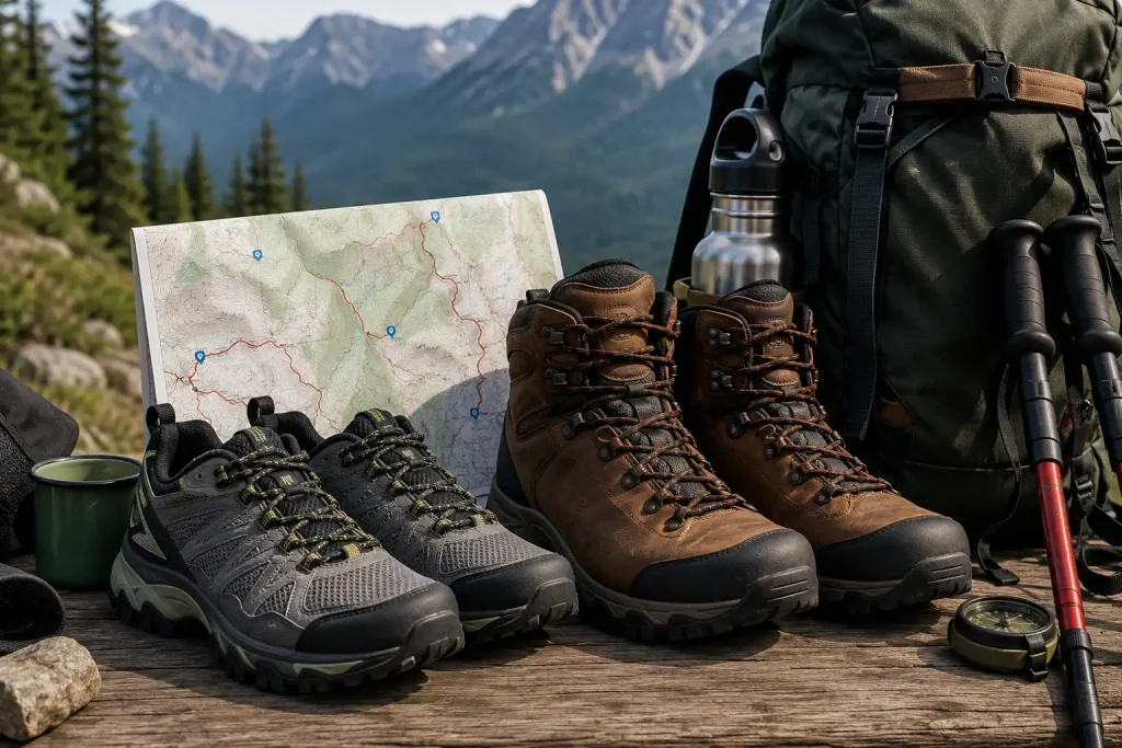 trail running shoes and hiking boots beside a mountain trail map, backpack, trekking poles