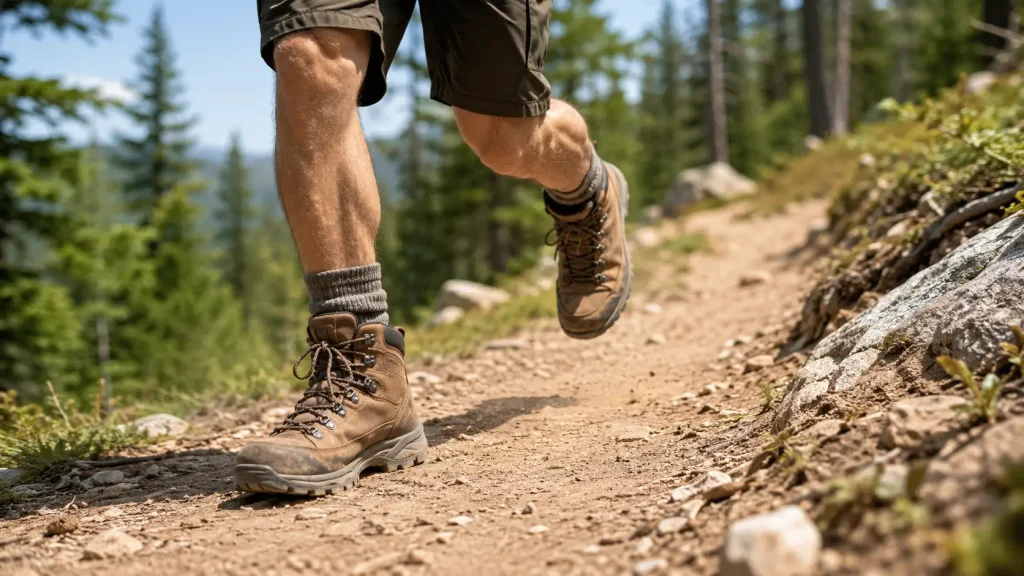 wearing heavy brown leather hiking boot