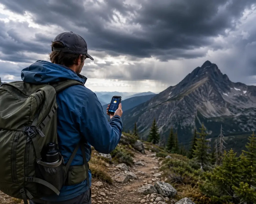A hiker stopping on a rocky trail to look at dark