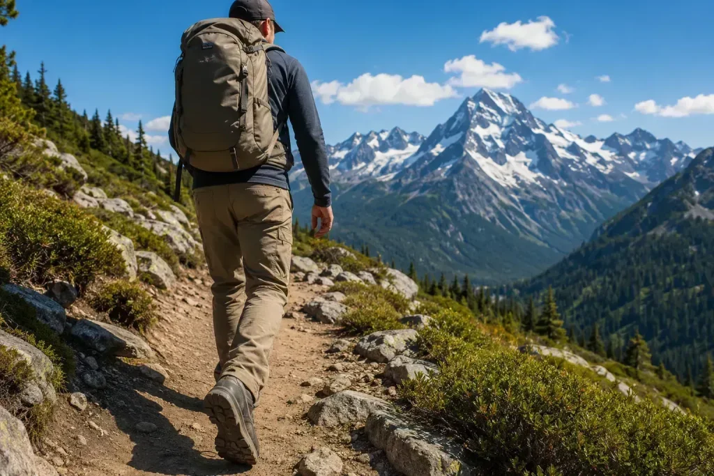 A hiker wearing durable nylon hiking pants and a light backpack walking along a sunny mountain trail
