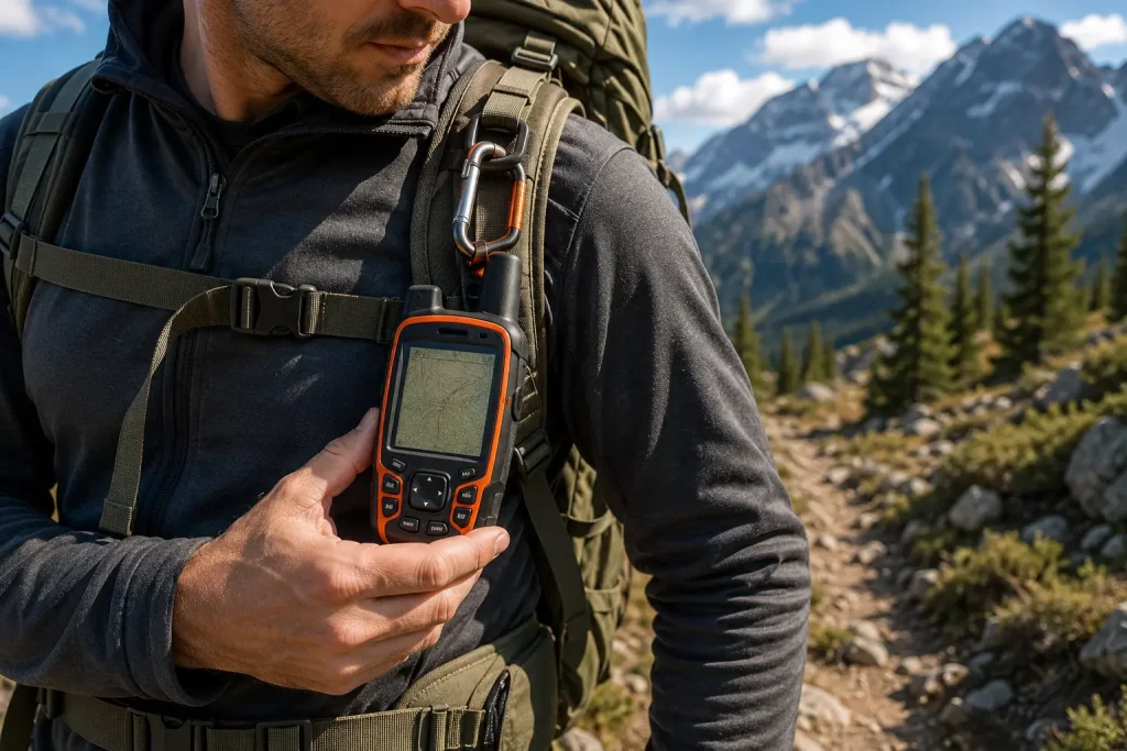 a bright orange handheld GPS device