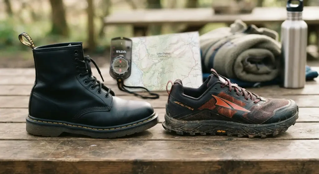 a heavy black leather Doc Martens boot. On the right, a lightweight, breathable mesh trail running shoe with aggressive rubber lugs on the bottom