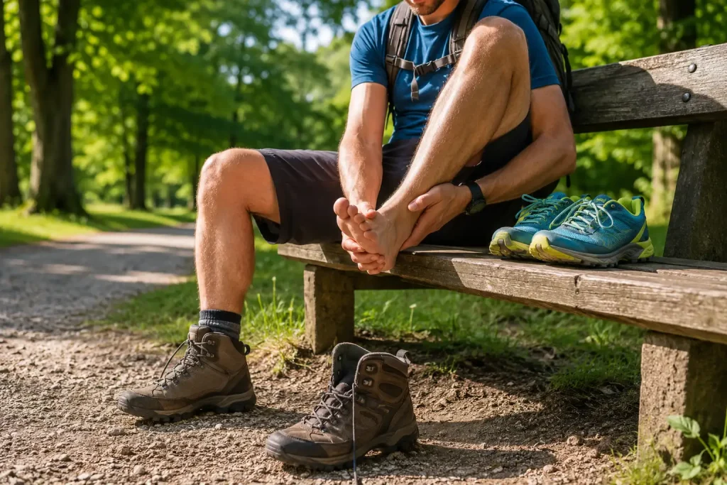 a heavy hiking boot to massage their foot